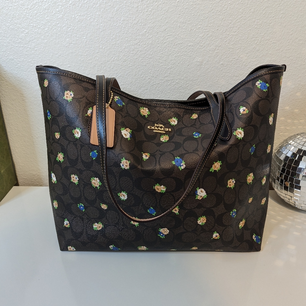 Coach Brown Floral Logo Tote with Blue and Cream Accents - Picture 13 of 16